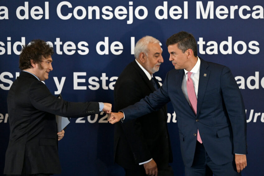 Argentina's President Javier Milei (L) greets Paraguay's President Santiago Pena during the LXV Mercosur Summit in Montevideo on 6 December 2024. Mercosur and the European Union have concluded "negotiations for a free trade agreement", European Commission president Ursula von der Leyen announced in Montevideo. Photo: ANP